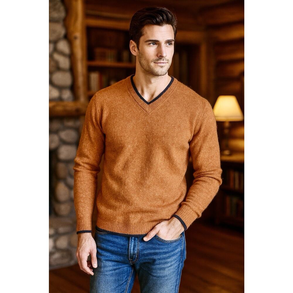 Sears Vintage Orange Wool Blend Men’s V Neck Sweater Size M Preppy Outdoor